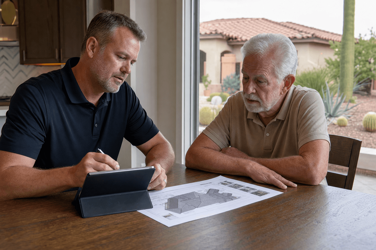Homeowner reading a written roofing scope with photos on a kitchen table in a Gilbert home