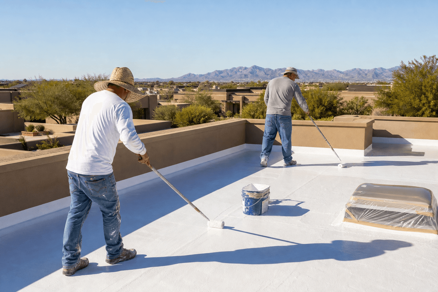 White acrylic recoat being rolled over clean, cured spray polyurethane foam on a contemporary Gilbert low-slope roof
