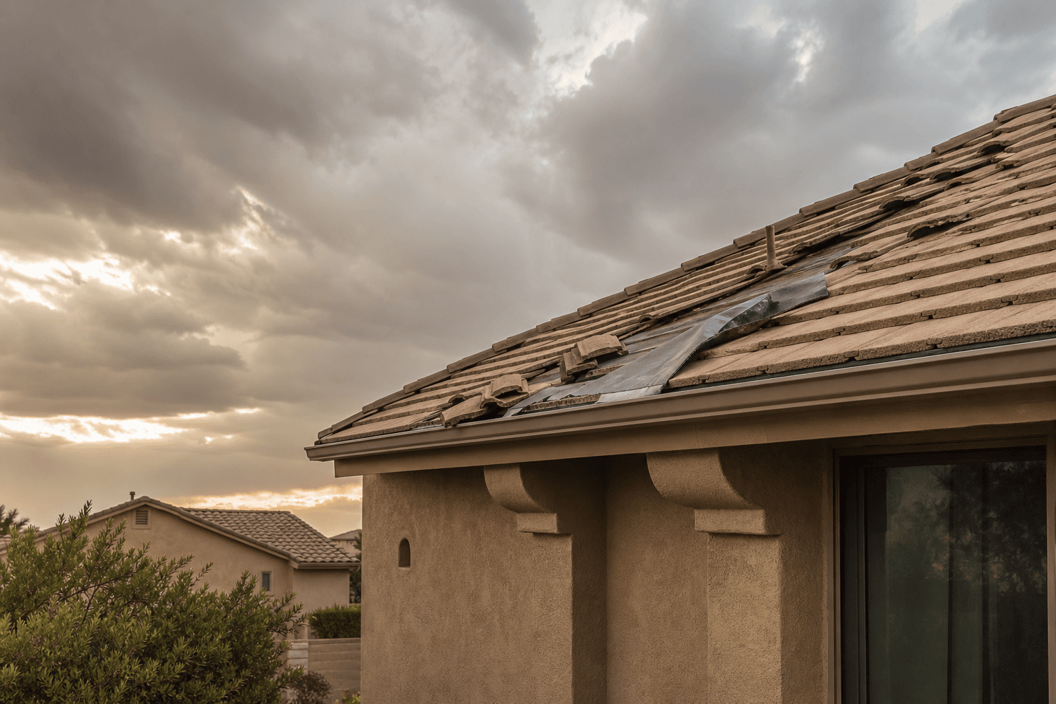 Displaced ridge tiles and wind-lifted flashing on a Gilbert tile roof after a monsoon storm, viewed from the ground under a dust-filled sky