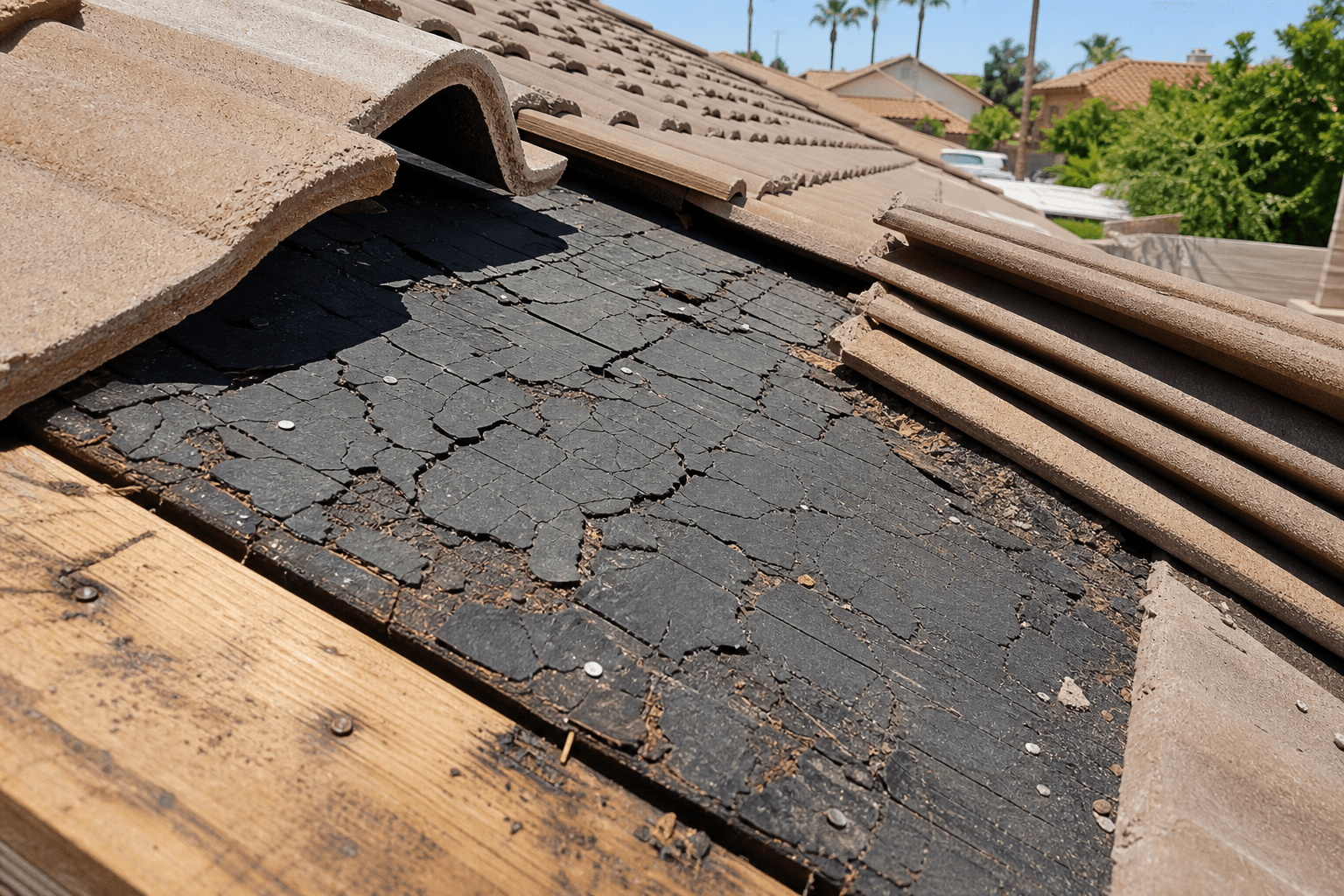Aged, brittle underlayment exposed beneath lifted concrete roof tiles on a Gilbert master-planned-community home