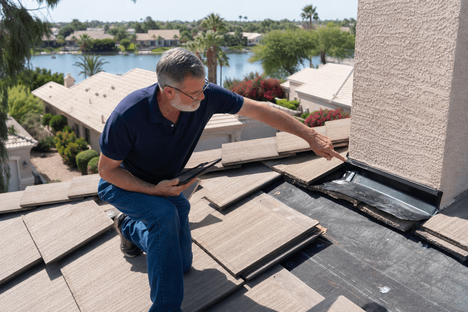Senior roofing estimator with a clipboard and tablet inspecting a Gilbert tile roof