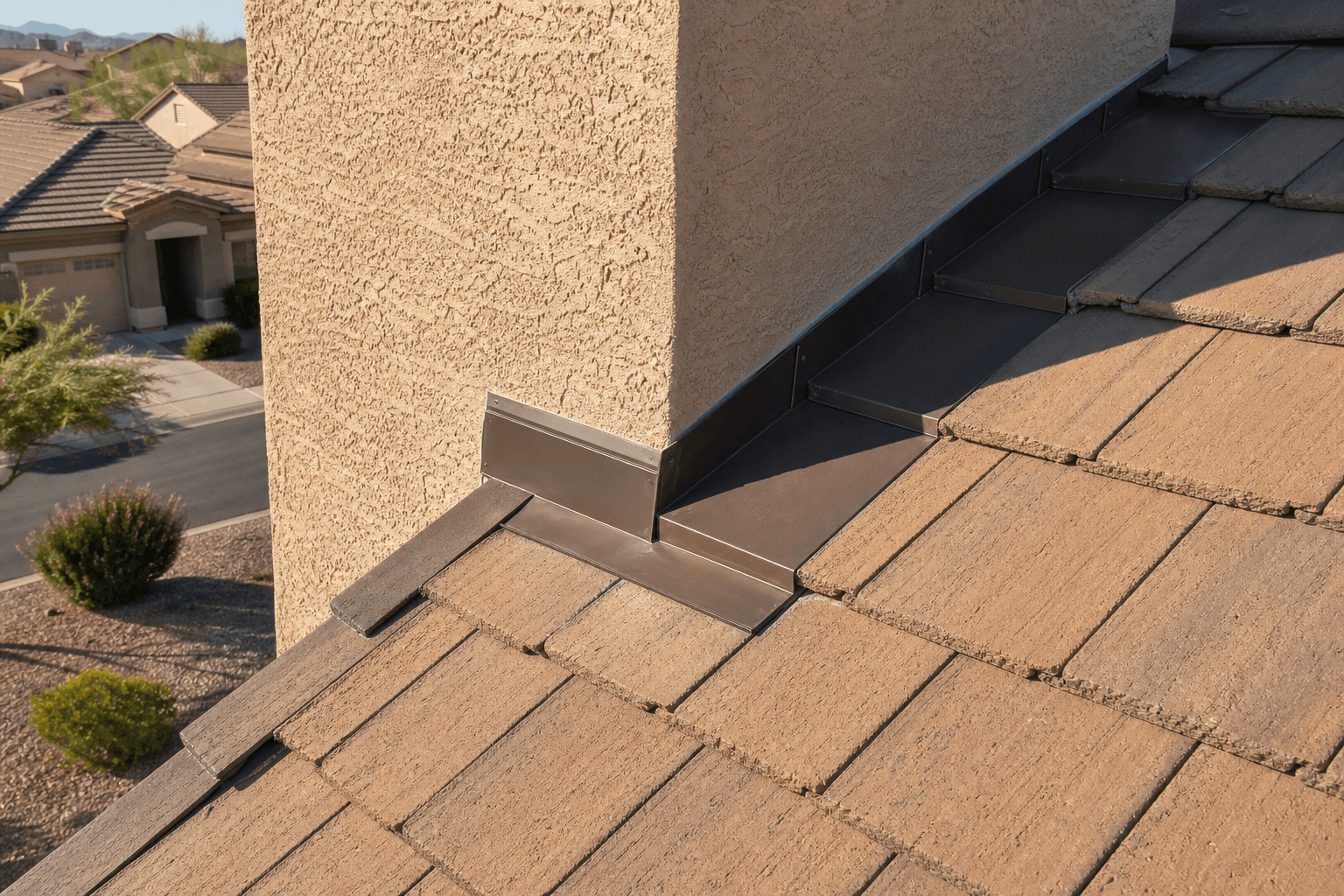 New step flashing and counter flashing detail at a chimney on a Gilbert roof