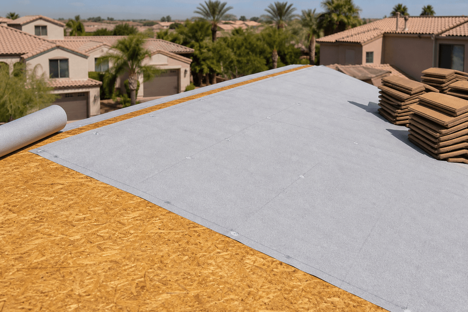 Synthetic high-temp underlayment being installed over a bare roof deck on a Gilbert home