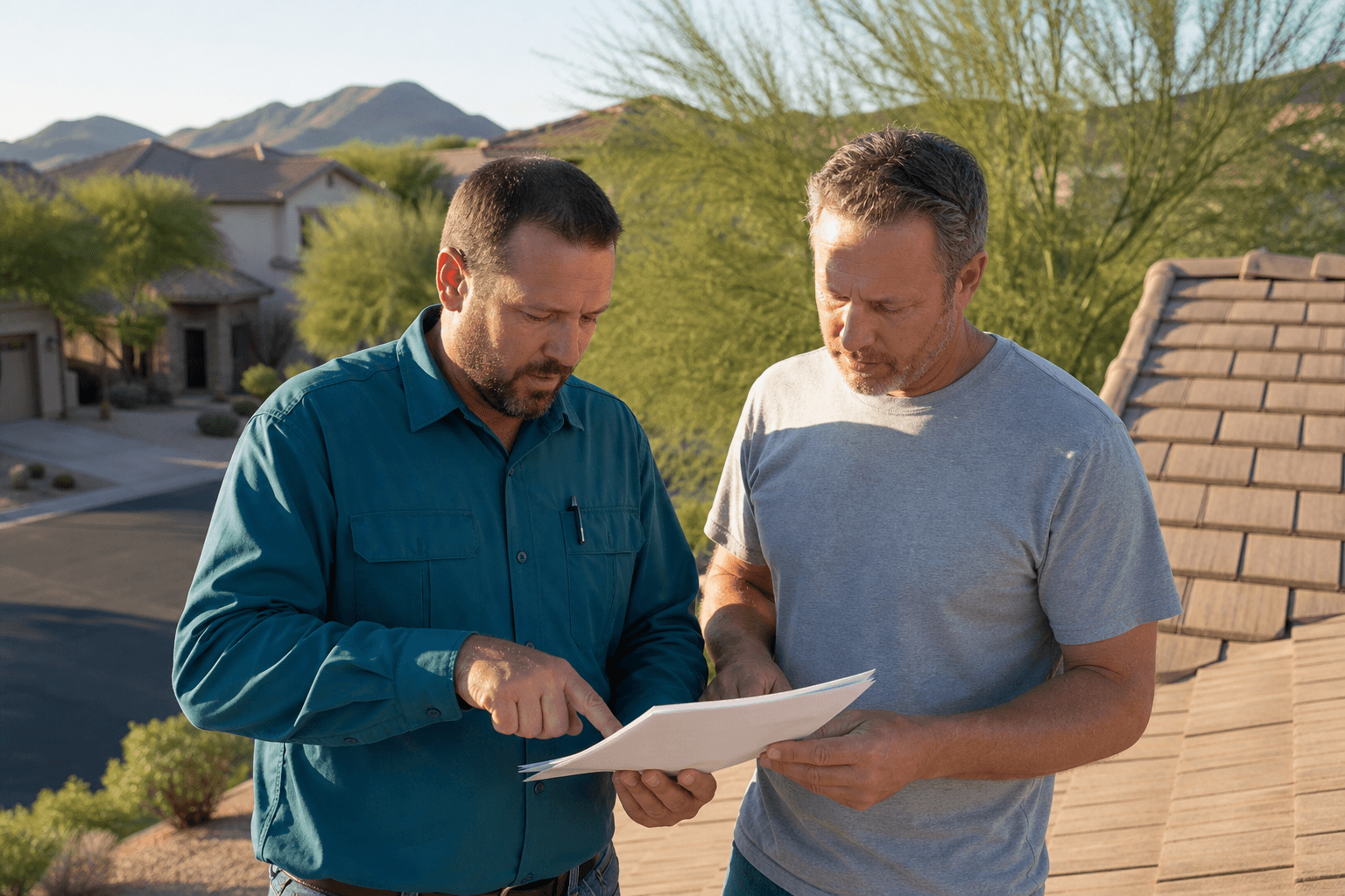 Gilbert Apex Roofing crew lead reviewing a written scope with a homeowner at a Gilbert tile roof in late-afternoon light