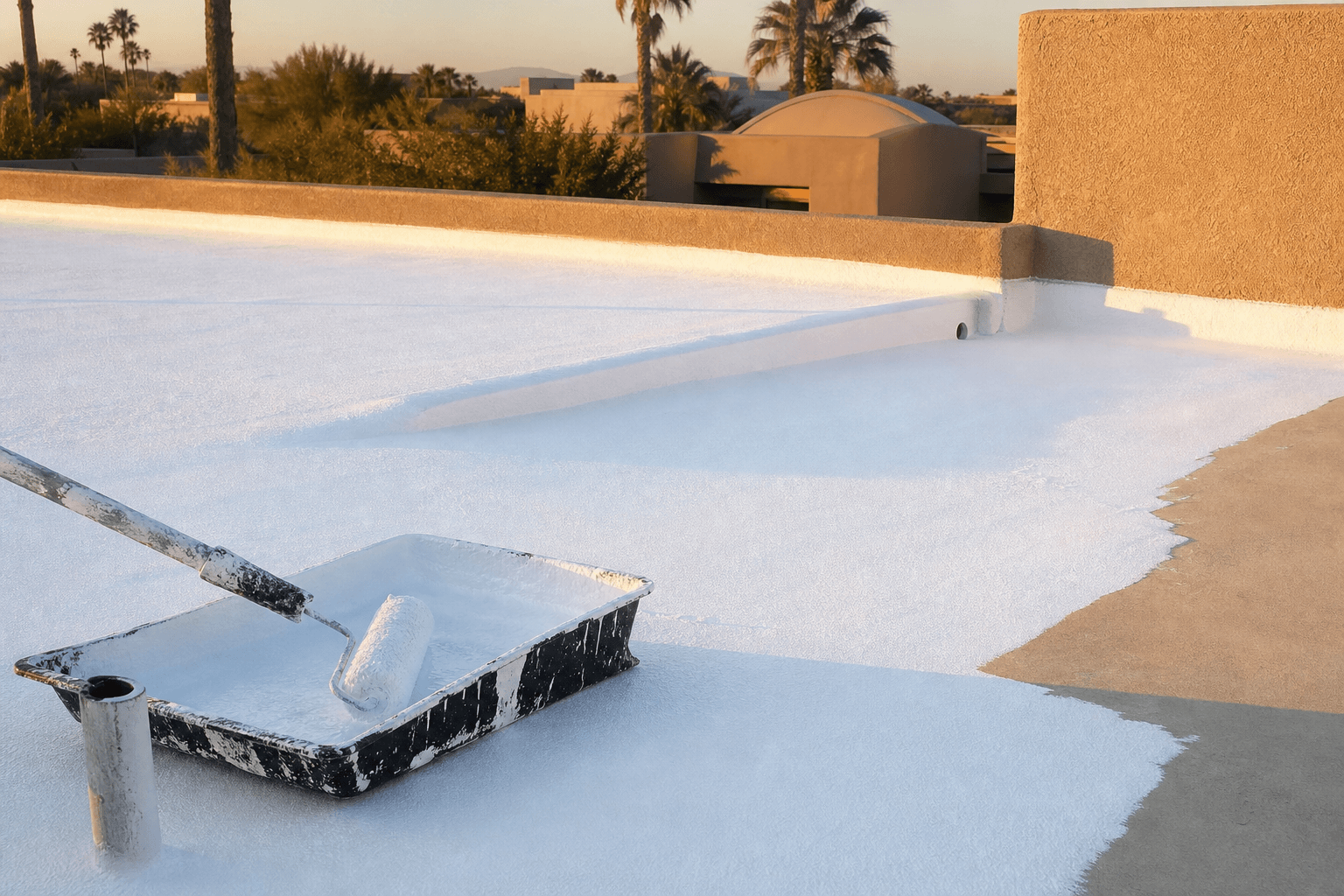 Close-up of a freshly recoated foam roof on a contemporary Gilbert home